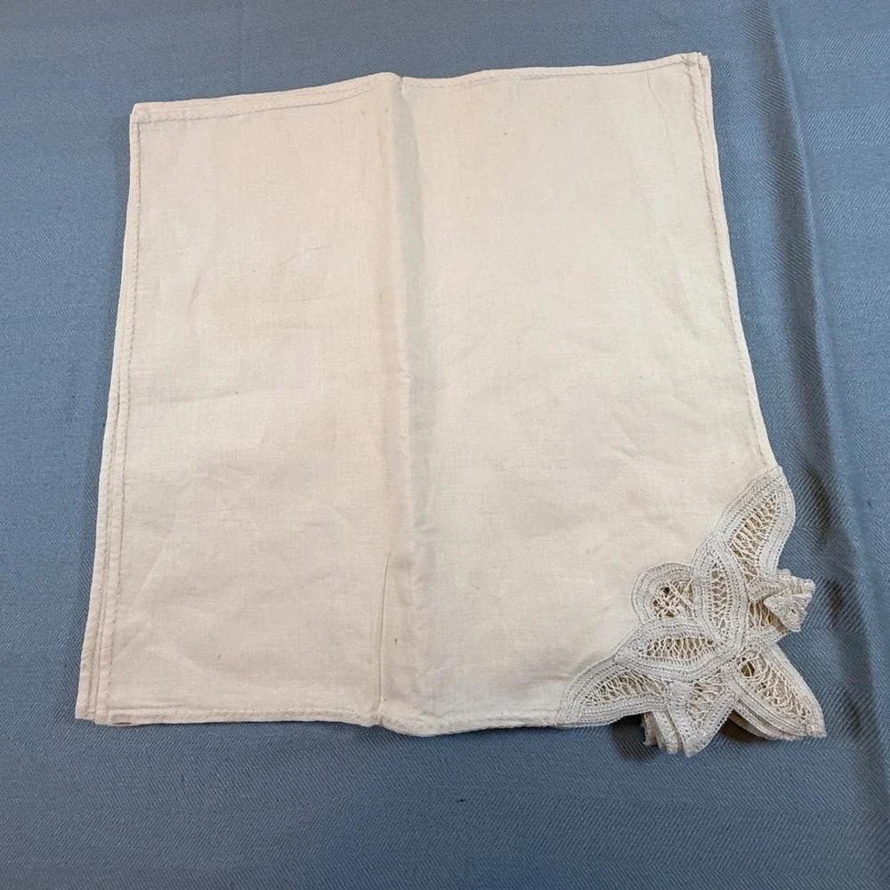 Vintage Cream Linen Napkins Butterfly Lace Corner Set Ivory Square 16.5